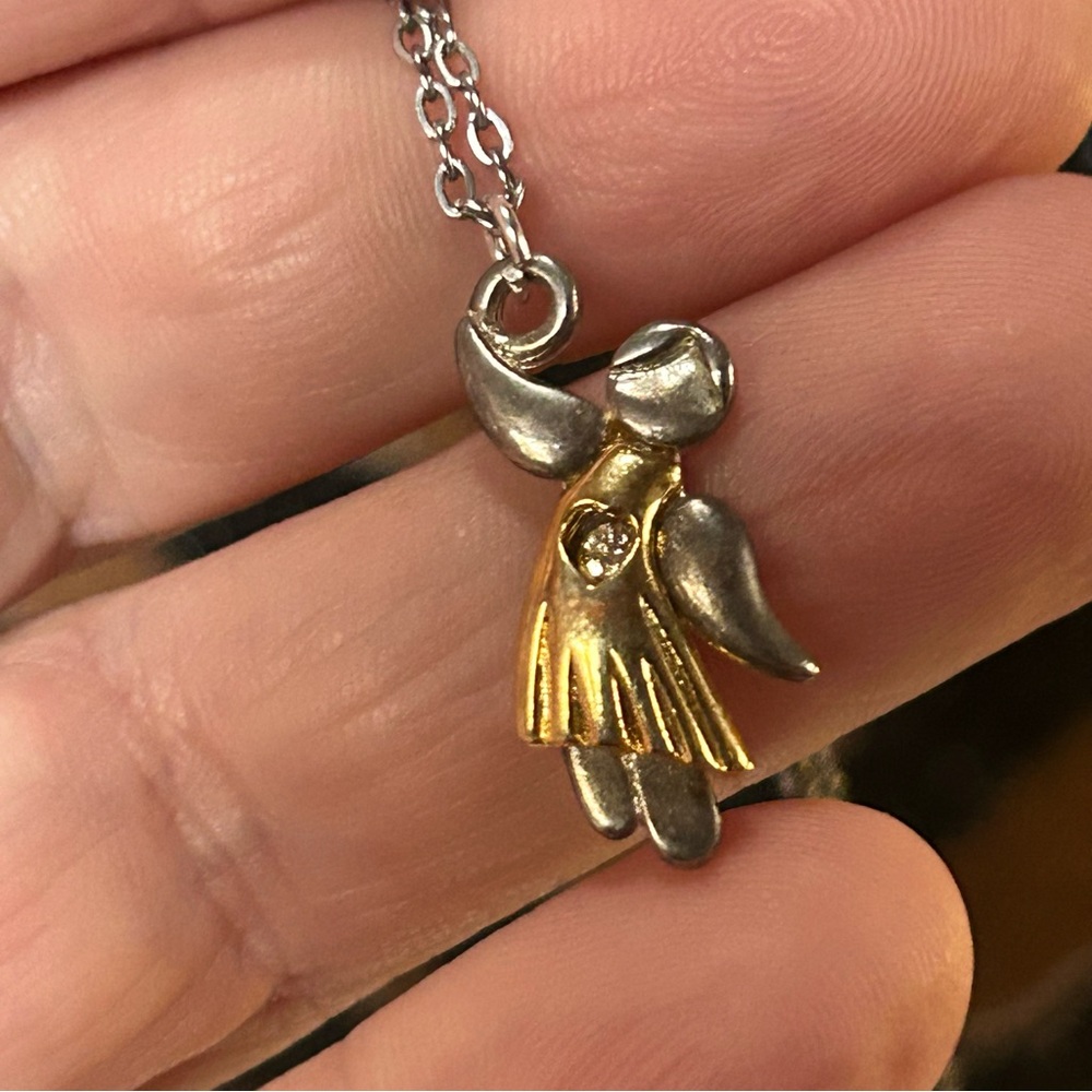 Handcrafted vintage dual tone metal angel pendant on chain necklace